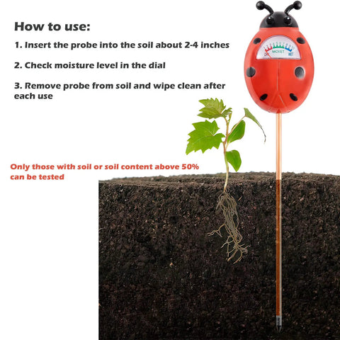 Green Soil Moisture Meter For Indoor And Outdoor Plants No Batteries Needed Easy To Read Plant Water Gauge next to soil and plant.