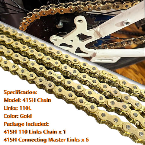 415H 110L Motorized Chain With Chain Breaker And Master Link Kit For 49cc-80cc Bikes, Gold Finish, with close-up of chain links.