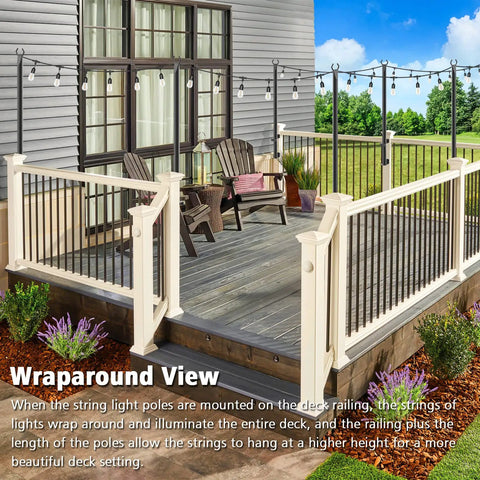 Outdoor deck with 2 Pack 5 Ft String Light Poles For Outdoor Use Metal Poles Stand For Patio Backyard And Deck Weatherproof Galvanized Steel Construction Built To Withstand Wind Rain And Corrosion, deck view with railing and chairs