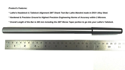 Pro Grade Precision Steel Lathe Alignment Test Bar Mandrel MT2 Long 280 mm OAL with ruler for size reference