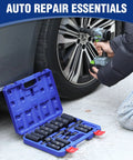 Half Inch Drive Deep Impact Socket Set with 6 Point Cr V Steel Sockets in SAE and Metric Sizes 10 to 27 mm used on car wheel lug nut