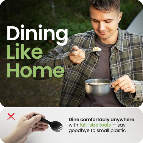 Man using 4 In 1 Camping Utensils Set Portable Stainless Steel Spoon Fork Knife And Bottle Opener Multitool For Travel And Backpacking.