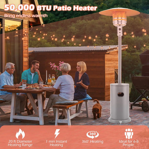Propane Outdoor Patio Heater 50,000 BTU With Instant Heat, 360 Degree Heating Coverage for Six to Eight People in patio setting
