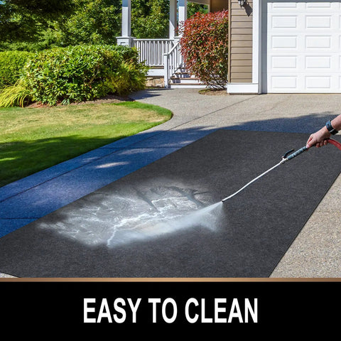 Oil Spill Mat For Garage Floor 7.4 By 8.4 Feet Premium Absorbent Pad With Waterproof Rubber Backing Washable And Reusable shown being cleaned