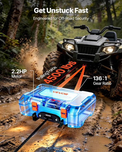 Beefy Portable 4500 Lbs 12V DC Electric Winch With Synthetic Rope Wireless And Wired Remotes Box Style Recovery Kit With Fairlead Clevis Hook And Straps For ATV UTV Off Road Pulling on ATV in muddy trail