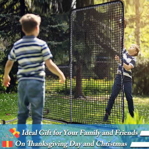 Children setting up a 7x7 Foot Baseball Softball L Screen For Pitcher Safety With Wheels Portable Pitcher Guard With Steel Frame.