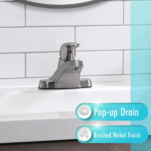 WaterSense Certified Brushed Nickel Single-Handle Bathroom Sink Faucet with Sleek Modern Look on white countertop