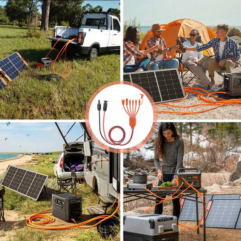 7in1 Solar Panel Connector Kit MC4 To DC with portable power stations and solar panels in various outdoor settings