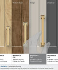 Comparison of cabinet pulls on different wood finishes, featuring Mulholland Champagne Bronze Cabinet Pull 5-1/16 Inch Center to Center Drawer Handle.