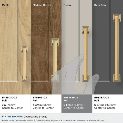 Comparison of cabinet pulls on different wood finishes, featuring Mulholland Champagne Bronze Cabinet Pull 5-1/16 Inch Center to Center Drawer Handle.