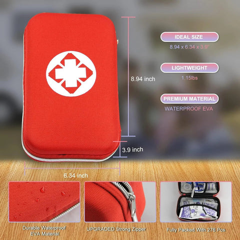 Red compact first aid kit pouch (front view) with white cross; waterproof EVA material; 276-piece kit in zippered case