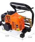 Portable Gas Powered Backpack Sprayer For Garden And Farm Use Two Stroke One Point Five Horsepower Engine Delivers Up To Five Hundred Seventy PSI At Eight Thousand Five Hundred RPM Ideal For Crop Spraying And Vehicle Or Equipment Cleaning, close-up of orange and black engine with measurements shown.