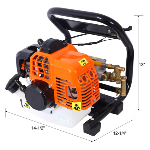 Portable Gas Powered Backpack Sprayer For Garden And Farm Use Two Stroke One Point Five Horsepower Engine Delivers Up To Five Hundred Seventy PSI At Eight Thousand Five Hundred RPM Ideal For Crop Spraying And Vehicle Or Equipment Cleaning, close-up of orange and black engine with measurements shown.