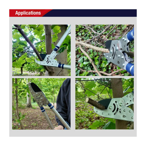 Razorsharp Beefy Heavy Duty Telescopic Ratchet Loppers With Extendable 40.5 Inch Aluminum Handles cutting thick branches in forest