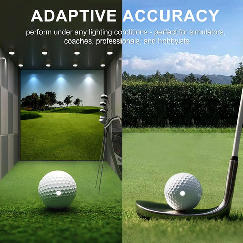 Dope Reflective Dot Stickers For Golf Training shown on golf balls in simulator and outdoor course settings.