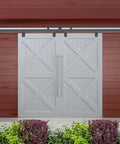 Exterior Double Sliding Barn Door Hardware Kit With Box Track For Outdoor Use Heavy Duty Wall Mount System Supports Up To 300 Lbs Hardware Kit To Hang Two Doors Fits 36 Inches By 2 Doors installed on red wall with white doors