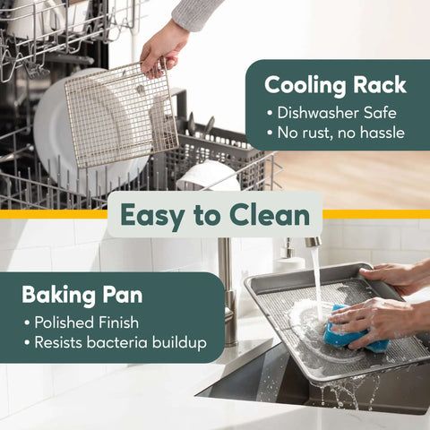 Quarter Sheet Pan With Wire Rack Set For Oven Use being cleaned; cooling rack in dishwasher, baking pan in sink, easy to clean.