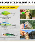 Assorted lifelike mid-depth lures, 2.1-2.7 inch, with images showing fish caught using the Ultimate Pro Grade Fishing Lures And Accessories Kit.