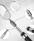 Three Piece Telescoping Inspection Mirror Set With Round, Square, And Oval Styles showing rotating neck and extendable rod features.