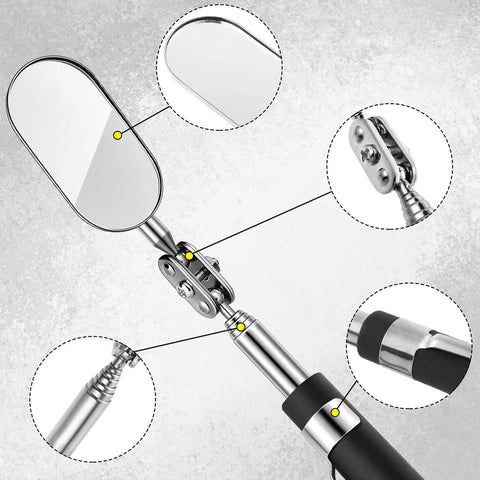 Three Piece Telescoping Inspection Mirror Set With Round, Square, And Oval Styles showing rotating neck and extendable rod features.