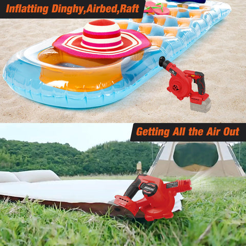 M18 Battery Compatible Cordless Leaf Blower With Brushless Motor used with inflatable raft and deflating air mattress outdoors