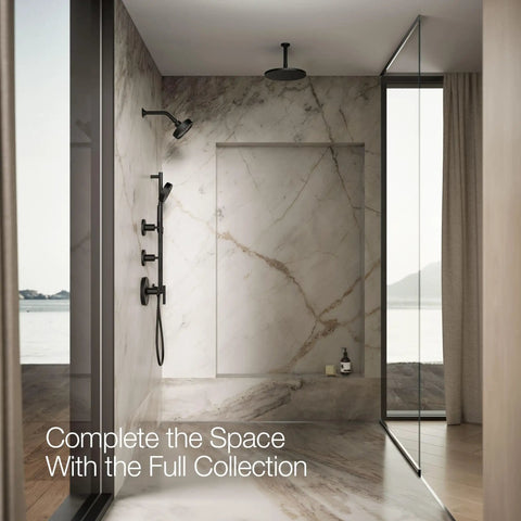 Modern bathroom with marble walls featuring Purist Single Function Showerhead With Matte Black Finish, 2.5 GPM Flow, High Pressure Sprayface
