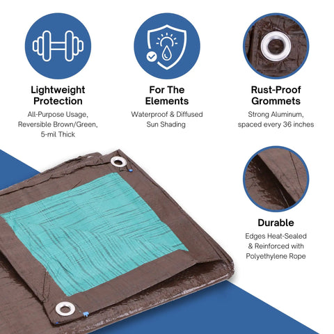Heavy Duty 30 By 50 Ft Pro Grade All Purpose Tarp 5Mil Poly Reversible Waterproof Cover Brown And Green Outdoor Use Great For Construction Camping Landscaping And DIY Projects with detail view of rust-proof grommets and edge reinforcement.