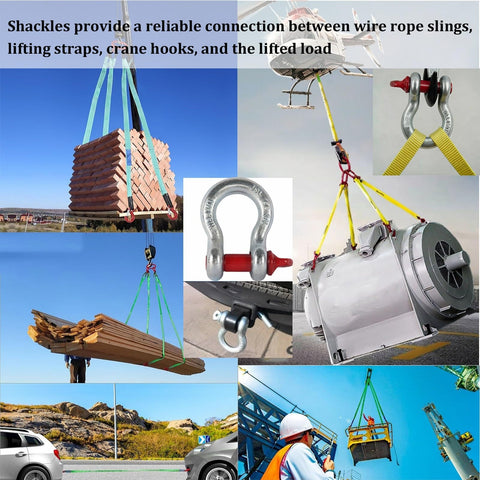 Collage of Beefy Heavy Duty Alloy Steel Bow Shackle 55 Ton WLL shown in various lifting scenarios with cranes and heavy loads.