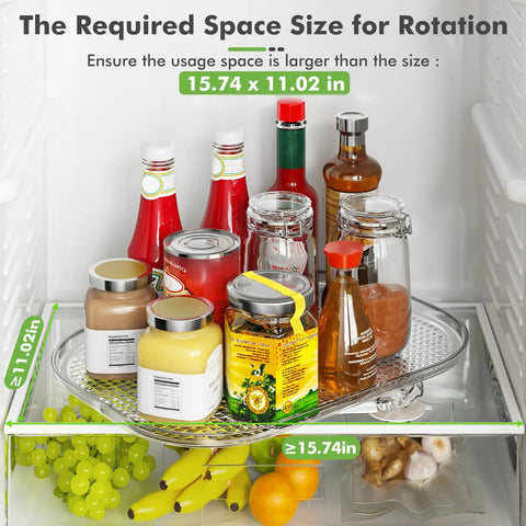 360 Degree Lazy Susan Refrigerator Organizer holds spices and snacks, fits 14.17x10.24 inches, with smooth spin and non-slip base.