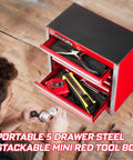 Beefed Up Heavy Duty 5 Drawer Rolling Tool Box In Red With Lockable Drawers Micro Roll Cab And Top Chest Stackable Steel Tool Cabinet