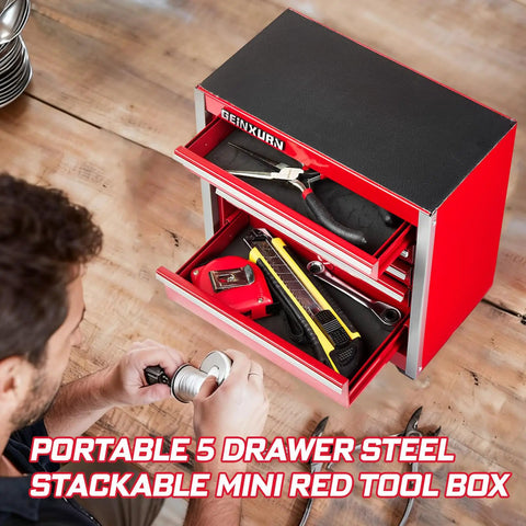 Beefed Up Heavy Duty 5 Drawer Rolling Tool Box In Red With Lockable Drawers Micro Roll Cab And Top Chest Stackable Steel Tool Cabinet