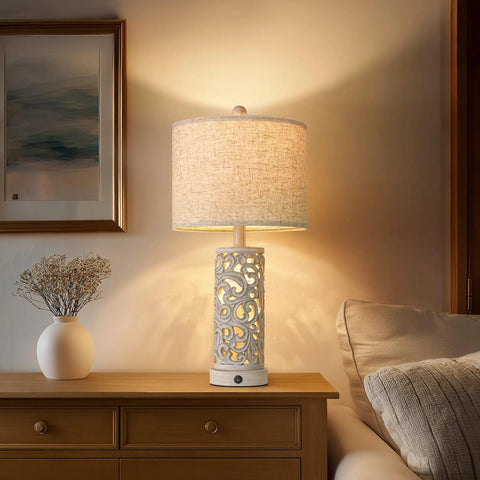 Dual Light Table Lamps With Touch Control, 3-Way Dimmable, Set Of 2, 24.75 Inch Tall, Ceramic Bedside Lamps With Linen Shade, on table