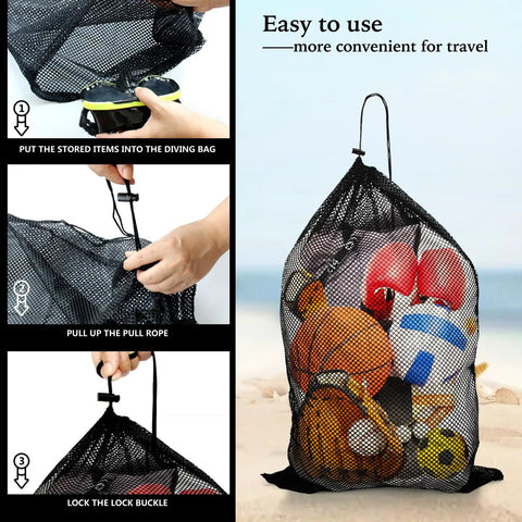 Oversized 17 By 28 Quick Dry Mesh Diving Bags 3 Pack For Scuba Gear Snorkel Equipment Beach Pool And Gym with contents inside