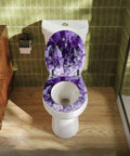 Premium Elongated Toilet Seat Featuring Gentle Soft Close Cover And No Sweat Quick Mount Hardware For Standard Oval Bowls In Classic Beige With Top Shelf Rustproof Hinges on a toilet with a purple gem design.