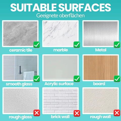 Suitable surfaces for 12 Inch Shower Grab Bar With Red Green Indicator Lights, including tile, marble, metal, with checks and crosses