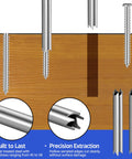 Pro Grade Six Piece Screw Extractor Set With Quarter Inch Drill Bits For Removing Stripped And Broken Screws And Bolts Heavy Duty Steel Simple To Use Gets The Job Done Fast For Pros And DIYers showing precision extraction on wood