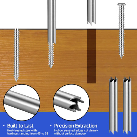 Pro Grade Six Piece Screw Extractor Set With Quarter Inch Drill Bits For Removing Stripped And Broken Screws And Bolts Heavy Duty Steel Simple To Use Gets The Job Done Fast For Pros And DIYers showing precision extraction on wood