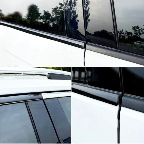 16ft gloss black universal automotive trim strip, 1in wide, installed along window and roofline on white SUV.