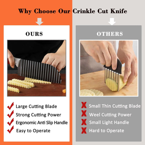 Crinkle cut knife with stainless steel wave blade and rubber handle shown in an OURS vs OTHERS comparison graphic