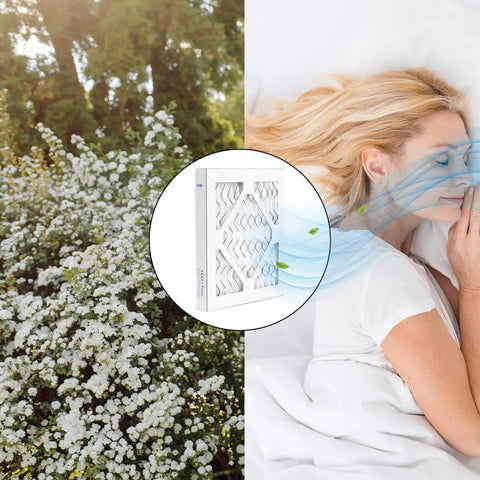 Image showing 4 Pack 8x8x1 Air Filter MERV 8 For HVAC Furnace And AC Replacement, Dust Defense, with woman sleeping in fresh air.