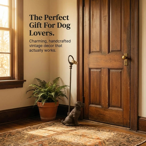 Sturdy Cast Iron Dog Door Stopper With Handle For Easy Moving at door with plant, perfect for dog lovers' home decor.