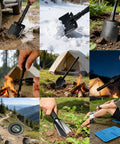 Collage of Go To Folding Camping Shovel Multi Tool with High Carbon Steel for outdoor activities including camping and hiking.