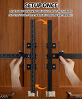 Hands using Diy Friendly Adjustable Cabinet Hardware Jig Template for Drawer Handles and Knobs Installation on cabinet