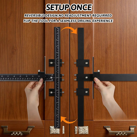 Hands using Diy Friendly Adjustable Cabinet Hardware Jig Template for Drawer Handles and Knobs Installation on cabinet