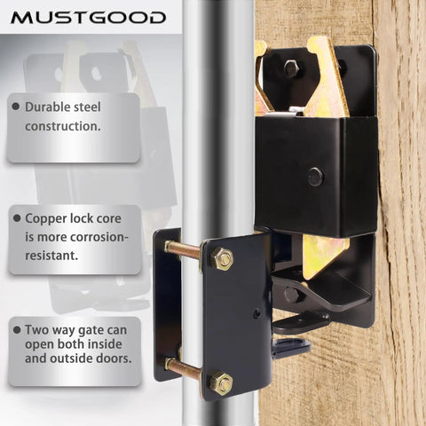 Kickass Heavy Duty Farm Gate Latch With Two Way Swinging Design For Livestock Pastures And Ranches Built Like A Tank To Battle Rust And Weather, showing durable steel latch on gate.