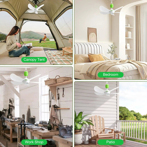 17 Inch USB Ceiling Fan For Camping And Outdoor Use Portable Tent Gazebo RV Cruise With On Off Button shown in various settings