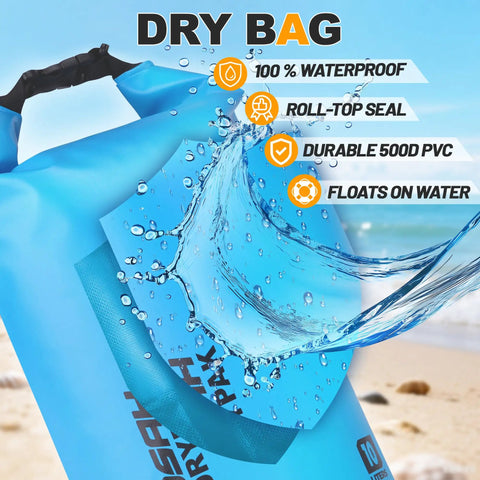 Roll Top Waterproof Dry Bag 5L 10L 20L 30L 40L With Free Waterproof Phone Case shown with water splash on beach background