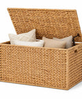 Handwoven Water Hyacinth Storage Trunk With Lid And Handles, Rustic Wicker Storage Chest And Storage Bench, open with pillows inside