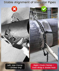 Pro Grade Adjustable Pipe Alignment Chain Pliers And Tough As Nails Clamp For Up To 14 Inch Round Pipes showing effective chain clamp on pipe.