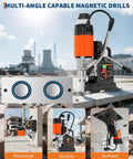 Heavy Duty Magnetic Drill With 1850W Copper Motor And Rock Solid Base For Tearing Through Steel Plates, shown in horizontal and vertical positions.